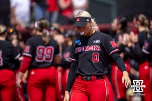 Nebraska Cornhusker Skarlett Jones (0) blows a bubble before taking on the Grand Canyon Antelope during the NCAA Softball Regionals on Saturday, May 16, 2026, in Lincoln, Neb. Photo by John S. Peterson.