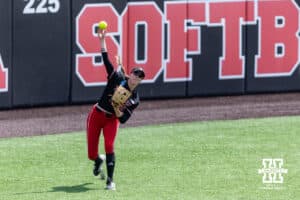 Nebraska Cornhusker outfielder Hannah Coor (23) warms up throwing the ball against the Grand Canyon Antelopes during the NCAA Softball Regionals on Saturday, May 16, 2026, in Lincoln, Neb. Photo by John S. Peterson.