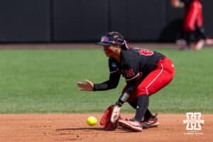 Nebraska Cornhusker infielder Katelyn Caneda (66) warms up fielding the ball against the Grand Canyon Antelope during the NCAA Softball Regionals on Saturday, May 16, 2026, in Lincoln, Neb. Photo by John S. Peterson.