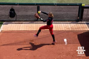 Nebraska Cornhusker starting pitcher Jordy Frahm (98) warms up before taking on the Grand Canyon Antelopes during the NCAA Softball Regionals on Saturday, May 16, 2026, in Lincoln, Neb. Photo by John S. Peterson.