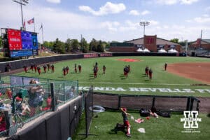 Nebraska Cornhuskers warm up before taking on the Grand Canyon Antelopes during the NCAA Softball Regionals on Saturday, May 16, 2026, in Lincoln, Neb. Photo by John S. Peterson.