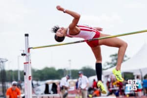 Nebraska Cornhusker Karsyn Leeling clears the bar during the Big Ten OTF Championships on May 16, 2026, in Lincoln, Nebraska. Photo by Brandon Tiedemann.