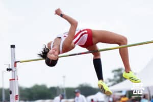 Nebraska Cornhusker Karsyn Leeling arches over the bar during the Big Ten OTF Championships on May 16, 2026, in Lincoln, Nebraska. Photo by Brandon Tiedemann.