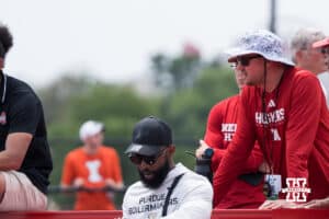 Nebraska Cornhusker high jump coach Dusty Jonas stands during the Big Ten OTF Championships on May 16, 2026, in Lincoln, Nebraska. Photo by Brandon Tiedemann.