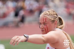 Nebraska Cornhusker Amelia Flynt prepares to throw women’s shot put during the Big Ten OTF Championships on May 16, 2026, in Lincoln, Nebraska. Photo by Brandon Tiedemann.