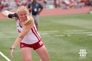 Nebraska Cornhusker Amelia Flynt throws the shot put during the Big Ten OTF Championships on May 16, 2026, in Lincoln, Nebraska. Photo by Brandon Tiedemann.