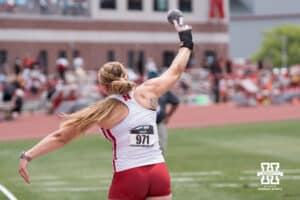Nebraska Cornhusker Amelia Flynt throws the shot put during the Big Ten OTF Championships on May 16, 2026, in Lincoln, Nebraska. Photo by Brandon Tiedemann.