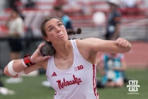 Nebraska Cornhusker Mine De Klerk throws the shot put during the Big Ten OTF Championships on May 16, 2026, in Lincoln, Nebraska. Photo by Brandon Tiedemann.
