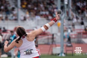 Nebraska Cornhusker Mine De Klerk throws the shot put during the Big Ten OTF Championships on May 16, 2026, in Lincoln, Nebraska. Photo by Brandon Tiedemann.