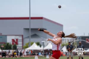 Nebraska Cornhusker Jolina Lange throws the shot put during the Big Ten OTF Championships on May 16, 2026, in Lincoln, Nebraska. Photo by Brandon Tiedemann.
