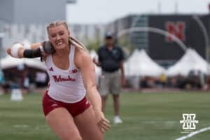 Nebraska Cornhusker Axelina Johansson throws the shot put during the Big Ten OTF Championships on May 16, 2026, in Lincoln, Nebraska. Photo by Brandon Tiedemann.