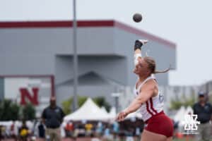 Nebraska Cornhusker Axelina Johansson throws the shot put during the Big Ten OTF Championships on May 16, 2026, in Lincoln, Nebraska. Photo by Brandon Tiedemann.