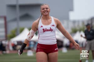 Nebraska Cornhusker Axelina Johansson smiles after her throw during the Big Ten OTF Championships on May 16, 2026, in Lincoln, Nebraska. Photo by Brandon Tiedemann.
