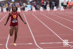 USC Trojan Dajaz Defrand wins her heat in the women’s 100m dash during the Big Ten OTF Championships on May 16, 2026, in Lincoln, Nebraska. Photo by Brandon Tiedemann.
