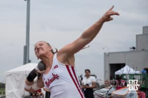 Nebraska Cornhusker Axelina Johansson throws shot put during the Big Ten OTF Championships on May 16, 2026, in Lincoln, Nebraska. Photo by Brandon Tiedemann.