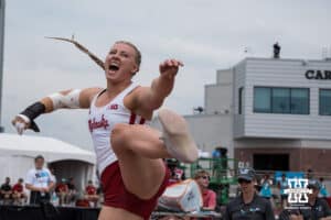 Nebraska Cornhusker Axelina Johansson yells during the Big Ten OTF Championships on May 16, 2026, in Lincoln, Nebraska. Photo by Brandon Tiedemann.