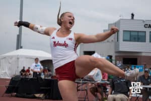 Nebraska Cornhusker Axelina Johansson yells during the Big Ten OTF Championships on May 16, 2026, in Lincoln, Nebraska. Photo by Brandon Tiedemann.