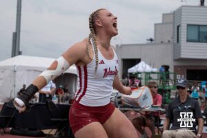 Nebraska Cornhusker Axelina Johansson yells after her throw during the Big Ten OTF Championships on May 16, 2026, in Lincoln, Nebraska. Photo by Brandon Tiedemann.