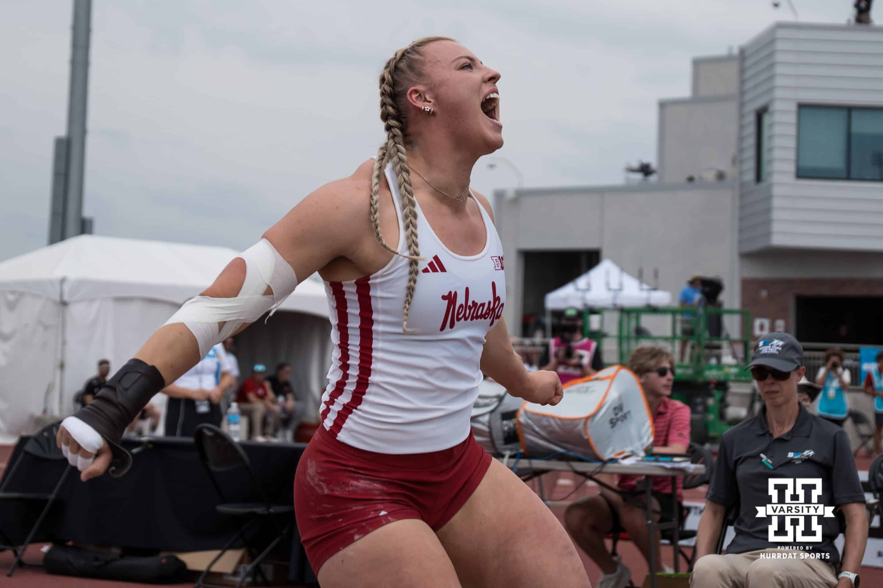 Nebraska Cornhusker Axelina Johansson yells after her throw during the Big Ten OTF Championships on May 16, 2026, in Lincoln, Nebraska. Photo by Brandon Tiedemann.