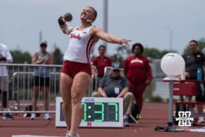 Nebraska Cornhusker Axelina Johansson throws shot put during the Big Ten OTF Championships on May 16, 2026, in Lincoln, Nebraska. Photo by Brandon Tiedemann.