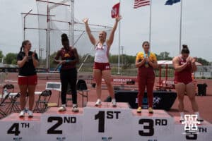 Nebraska Cornhusker Axelina Johansson waves to the crowd during the Big Ten OTF Championships on May 16, 2026, in Lincoln, Nebraska. Photo by Brandon Tiedemann.