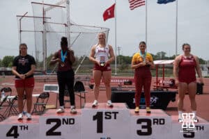 Nebraska Cornhusker Axelina Johansson gets first place in the women’s shot put during the Big Ten OTF Championships on May 16, 2026, in Lincoln, Nebraska. Photo by Brandon Tiedemann.