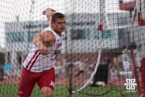 Nebraska Cornhusker Brett Schwartz throws discus during the Big Ten OTF Championships on May 16, 2026, in Lincoln, Nebraska. Photo by Brandon Tiedemann.