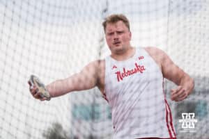 Nebraska Cornhusker Kael Miedema prepares to throw discus during the Big Ten OTF Championships on May 16, 2026, in Lincoln, Nebraska. Photo by Brandon Tiedemann.