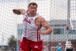 Nebraska Cornhusker Kael Miedema gets ready to release the discus during the Big Ten OTF Championships on May 16, 2026, in Lincoln, Nebraska. Photo by Brandon Tiedemann.