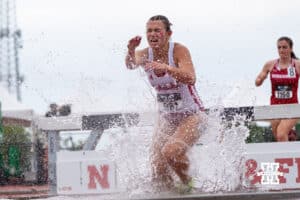 Nebraska Cornhusker Cami Merickel runs the women’s 3000m steeplechase during the Big Ten OTF Championships on May 16, 2026, in Lincoln, Nebraska. Photo by Brandon Tiedemann.