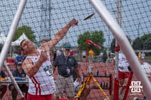 Nebraska Cornhusker Brett Schwartz throws the discus during the Big Ten OTF Championships on May 16, 2026, in Lincoln, Nebraska. Photo by Brandon Tiedemann.