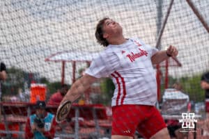 Nebraska Cornhusker Cade Moran throws the discus during the Big Ten OTF Championships on May 16, 2026, in Lincoln, Nebraska. Photo by Brandon Tiedemann.