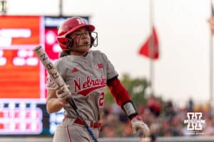 Nebraska Cornhusker Samantha Bland (29) reacts to being hit by a pitch in the sixth inning against the South Dakota Coyotes during the first round of the NCAA Softball Regionals on Friday, May 15, 2026, in Lincoln, Neb. Photo by John S. Peterson.