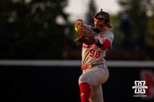 Nebraska Cornhusker starting pitcher/relief pitcher Jordyn Frahm (98) throws a pitch in the sixth inning against the South Dakota Coyotes during the first round of the NCAA Softball Regionals on Friday, May 15, 2026, in Lincoln, Neb. Photo by John S. Peterson.