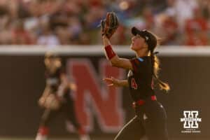 Nebraska Cornhusker outfielder Autumn Iverson (4) makes a catch for an out in the fouth inning against the Nebraska Cornhuskers during the first round of the NCAA Softball Regionals on Friday, May 15, 2026, in Lincoln, Neb. Photo by John S. Peterson.