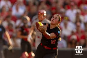 South Dakota Coyote infielder Delaney White (18) makes a catch for an out in the fourth inning during the first round of the NCAA Softball Regionals on Friday, May 15, 2026, in Lincoln, Neb. Photo by John S. Peterson.