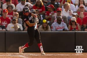 South Dakota Coyote Autumn Iversen (4) hits a home run in the fouth inning against the Nebraska Cornhuskers during the first round of the NCAA Softball Regionals on Friday, May 15, 2026, in Lincoln, Neb. Photo by John S. Peterson.
