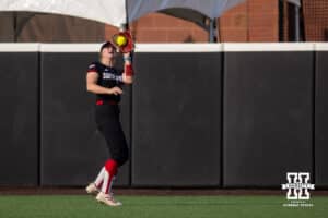 South Dakota Coyote outfielder Sara Iburg (24) makes a catch for an out against the Nebraska Cornhuskers in the first inning during the first round of the NCAA Softball Regionals on Friday, May 15, 2026, in Lincoln, Neb. Photo by John S. Peterson.