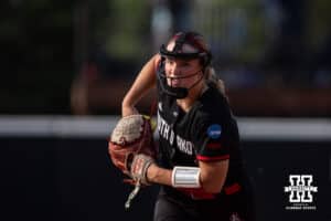 South Dakota Coyote starting pitcher Madison Evans (13) throws a pitch against the Nebraska Cornhuskers in the first inning during the first round of the NCAA Softball Regionals on Friday, May 15, 2026, in Lincoln, Neb. Photo by John S. Peterson.
