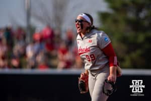 Nebraska Cornhusker starting pitcher Alexis Jensen (99) celebrates gettig the last out against the South Dakota Coyotes in the first inning during the first round of the NCAA Softball Regionals on Friday, May 15, 2026, in Lincoln, Neb. Photo by John S. Peterson.