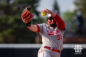 Nebraska Cornhusker starting pitcher Alexis Jensen (99) throws a pitch against the South Dakota Coyotes in the first inning during the first round of the NCAA Softball Regionals on Friday, May 15, 2026, in Lincoln, Neb. Photo by John S. Peterson.