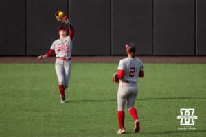 Nebraska Cornhusker outfielder Hannah Coor (23) makes a catch for an out in the first inning against the South Dakota Coyotes during the first round of the NCAA Softball Regionals on Friday, May 15, 2026, in Lincoln, Neb. Photo by John S. Peterson.