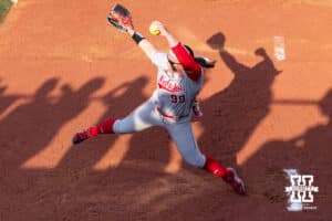 Nebraska Cornhusker starting pitcher/relief pitcher Alexis Jensen (99) warms up in the bullpen before taking on the South Dakota Coyotes during the first round of the NCAA Softball Regionals on Friday, May 15, 2026, in Lincoln, Neb. Photo by John S. Peterson.