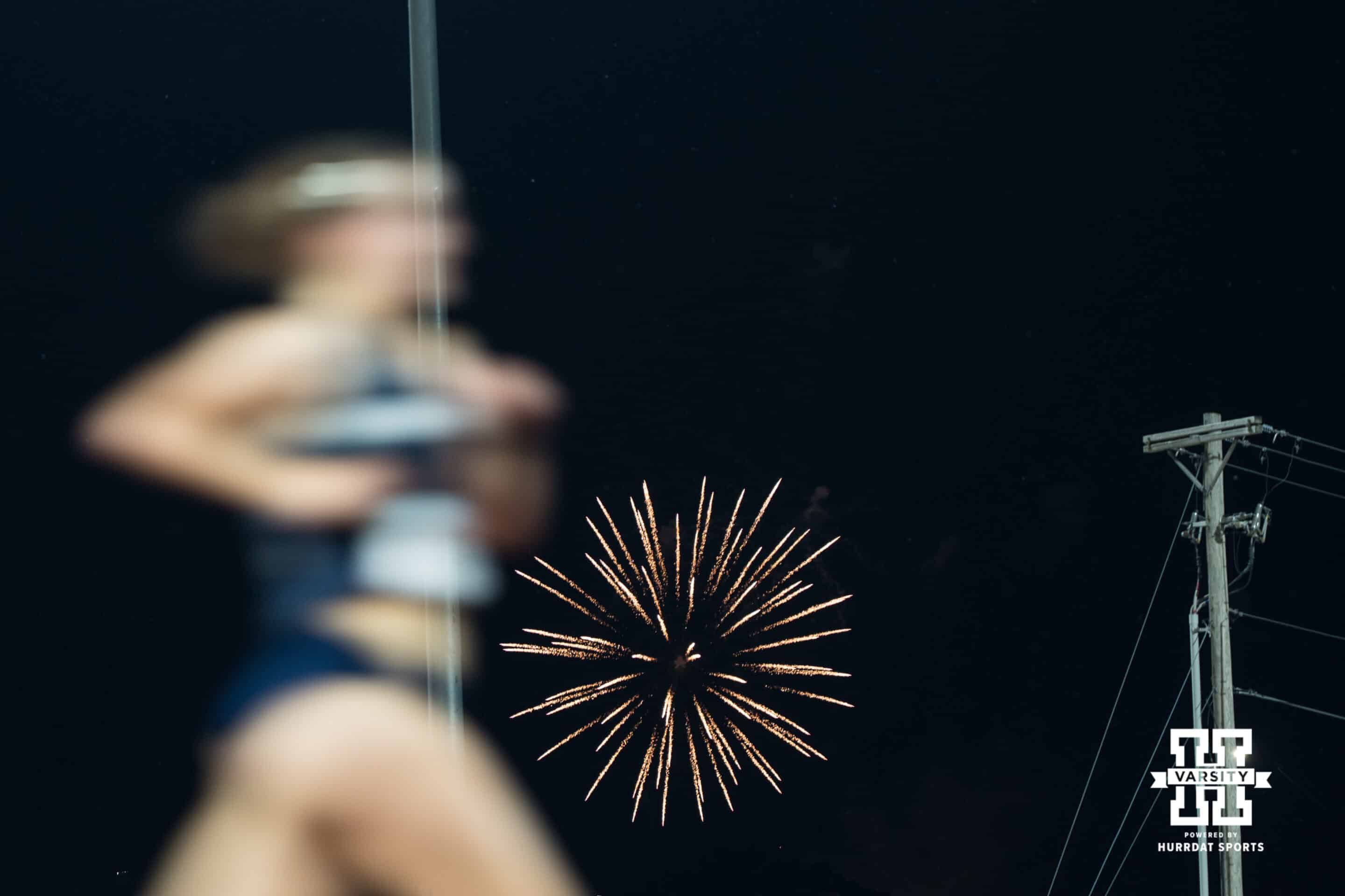 Fireworks go off in the background during the Big Ten OTF Championships on May 15, 2026, in Lincoln, Nebraska. Photo by Brandon Tiedemann.