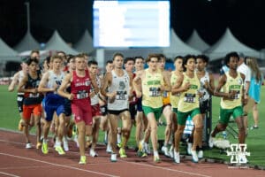 Oregon Duck Juan Gonzalez leads the pack during the Big Ten OTF Championships on May 15, 2026, in Lincoln, Nebraska. Photo by Brandon Tiedemann.