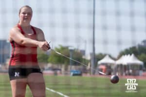 Nebraska Cornhusker Hillevi Carlsson swings the hammer during the Big Ten OTF Championships on May 15, 2026, in Lincoln, Nebraska. Photo by Brandon Tiedemann.