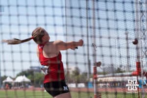 Nebraska Cornhusker Hillevi Carlsson throws the hammer during the Big Ten OTF Championships on May 15, 2026, in Lincoln, Nebraska. Photo by Brandon Tiedemann.