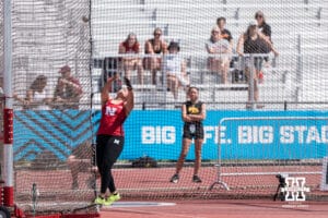 Nebraska Cornhusker Harshita Sehrawat throws the hammer during the Big Ten OTF Championships on May 15, 2026, in Lincoln, Nebraska. Photo by Brandon Tiedemann.