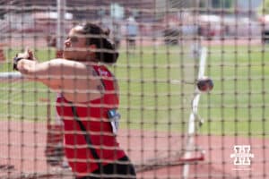 Nebraska Cornhusker Harshita Sehrawat swings the hammer during the Big Ten OTF Championships on May 15, 2026, in Lincoln, Nebraska. Photo by Brandon Tiedemann.