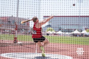 Nebraska Cornhusker Hillevi Carlsson spins with the hammer during the Big Ten OTF Championships on May 15, 2026, in Lincoln, Nebraska. Photo by Brandon Tiedemann.